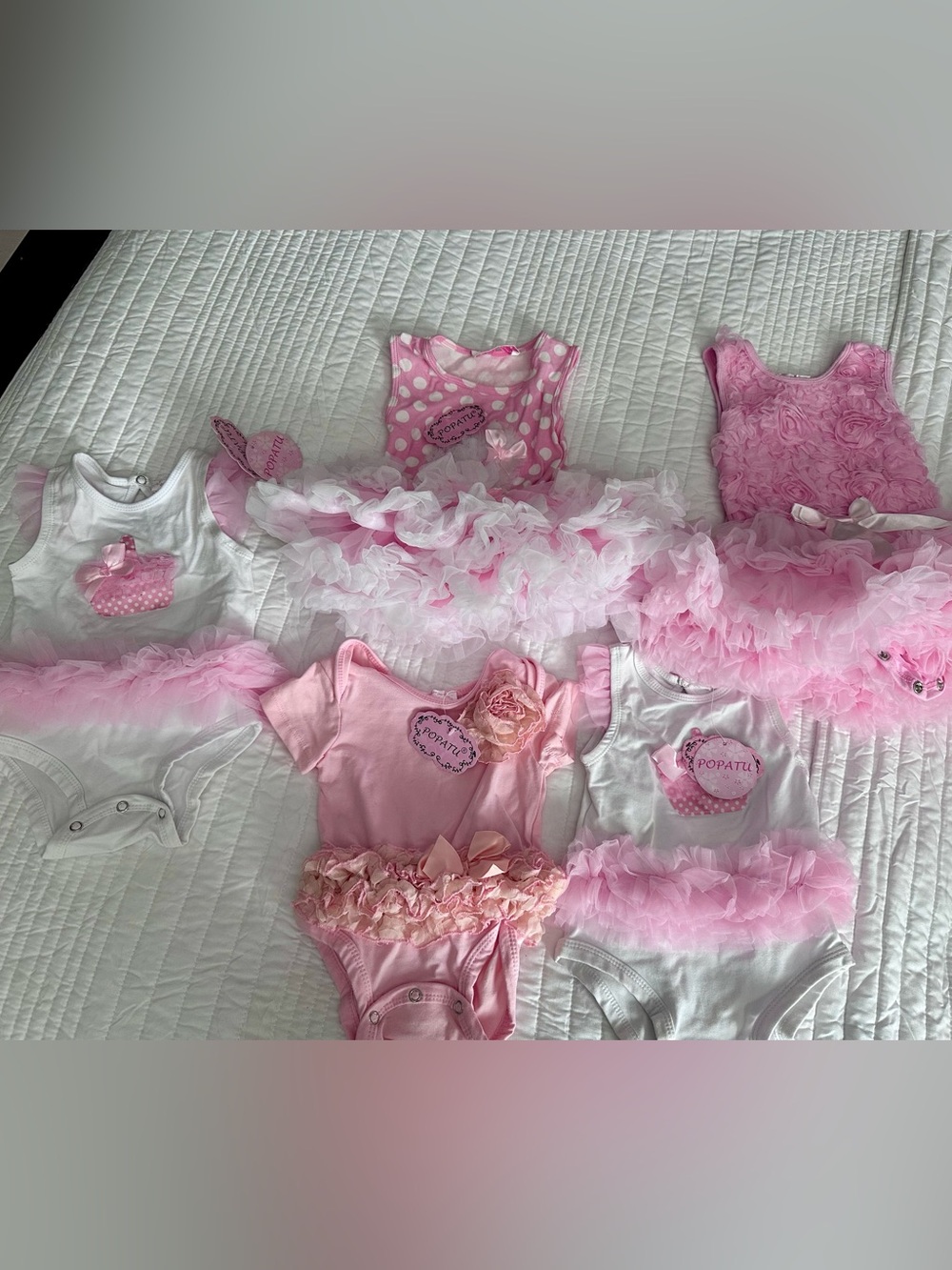 All NEW Bundle Adorable Popatu Baby Girl Outfits. Size starting at 0-12 months.